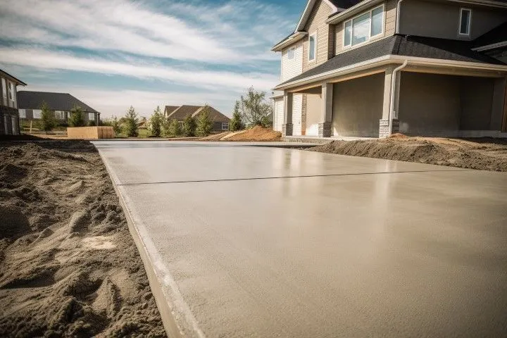 Freshly poured concrete driveway beside a new suburban house under construction